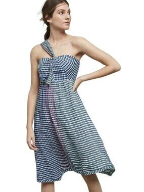 Maeve Anthropologie Waverly Mixed Gingham One Shoulder Dress - Size 8